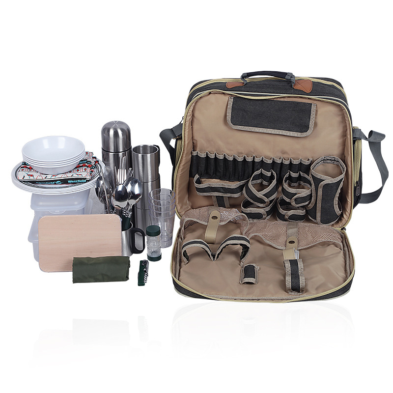 Camping Cooking Set For 4 - ポータブル高級キャンプピクニック食器セット、断熱バッグ付き屋外食器セット、4人用キャンプ調理用品