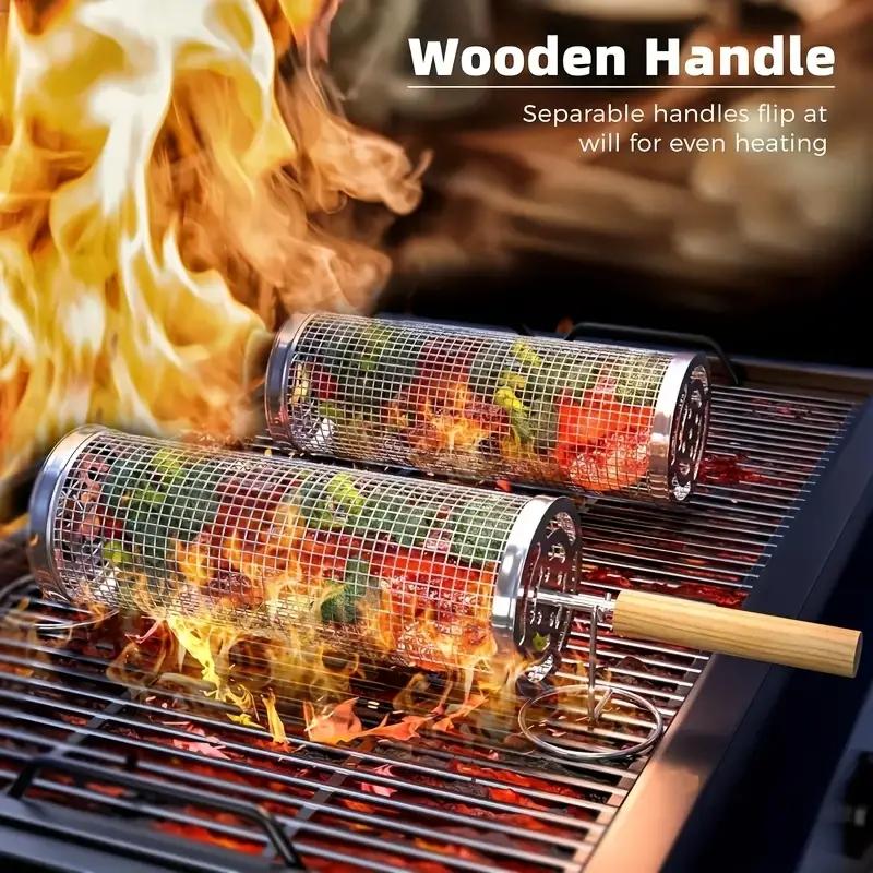 Camping Cooking Food - 食品グレードのステンレス製丸型回転BBQグリルバスケットセット、アウトドアキャンプ料理用ワイヤーメッシュ円筒型グリルラック