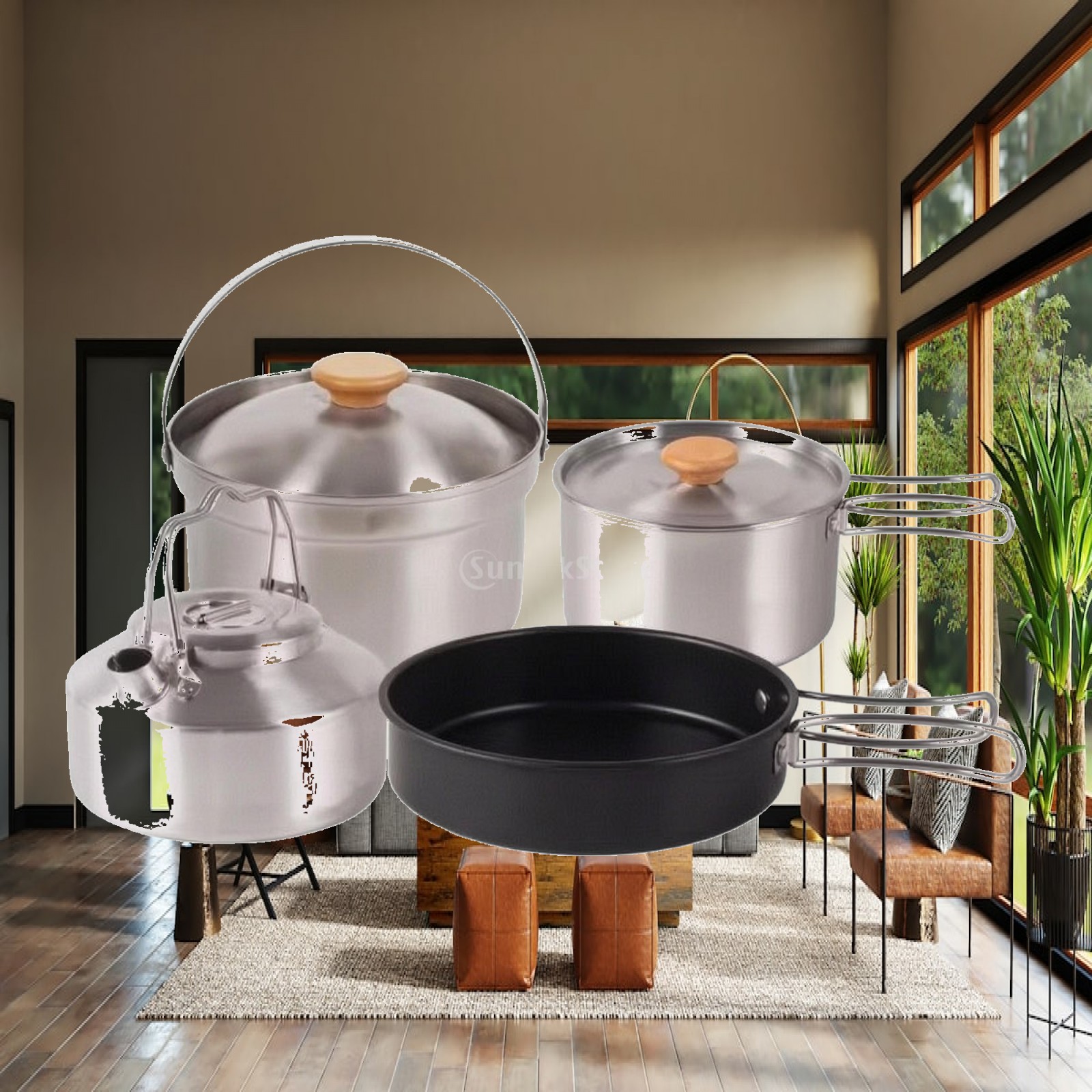 Camping Cooking Set For 4 - 4ピースステンレス製キャンプ調理セット、ネスティング式キャンプ調理器具セット（ケトル、食器セット付き）、キャンピングカー向けポータブル折りたたみ式