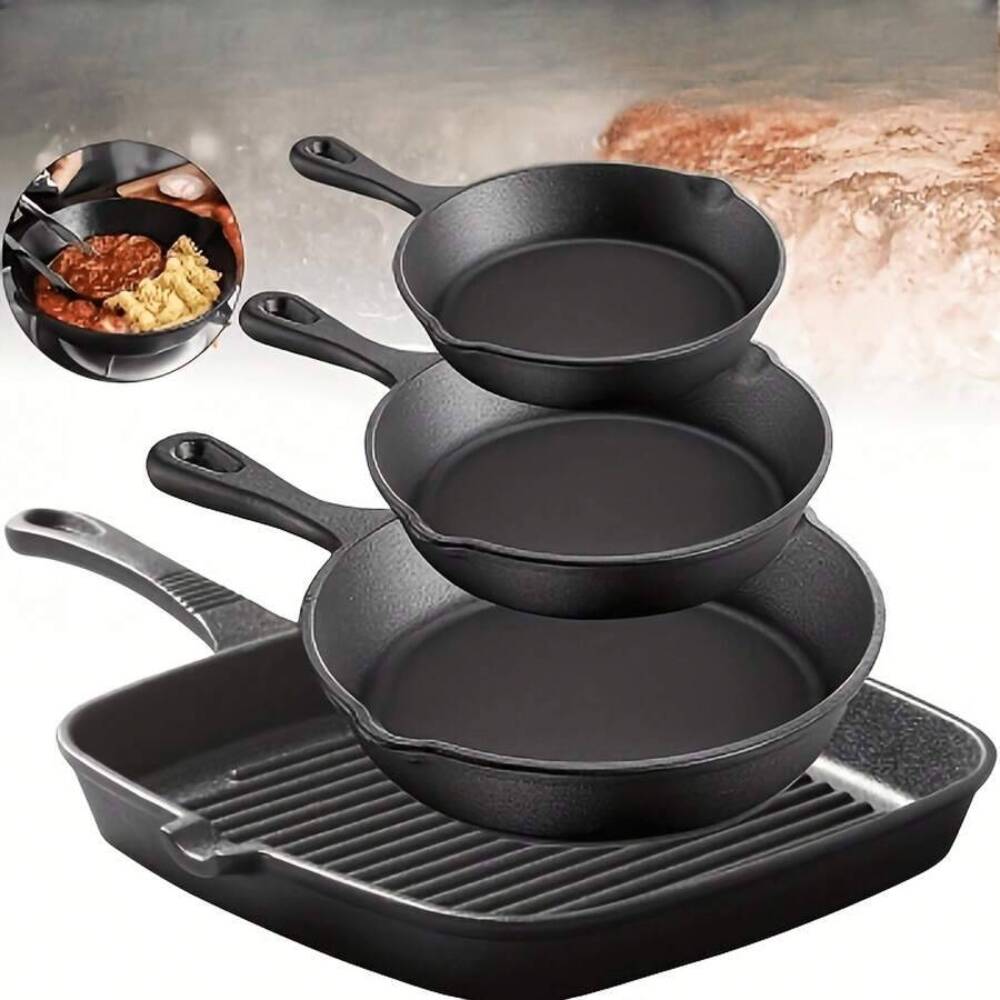 Camping Cooking Set For 4 - 4点セット鋳鉄製調理器具セット、丸型フライパンと角型グリルパン、ステーキ、キャンプ、家庭料理用プレシーズニング済み鋳鉄製スキレットセット