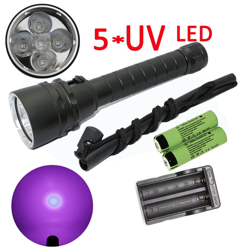 Camping Cooking Torch - Uv led水中懐中電灯,5x uvランプ,ダイビングトーチ,海の検索用,琥珀色,バッテリー2x18650,充電器