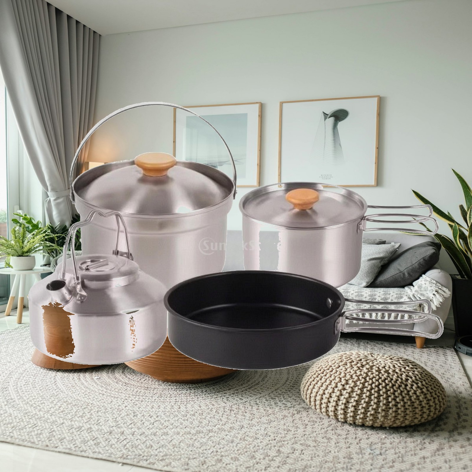 Camping Cooking Set For 4 - 4ピースステンレス製キャンプ調理セット、ネスティング式キャンプ調理器具セット（ケトル、食器セット付き）、耐熱性、コンパクトでキャンパーに最適
