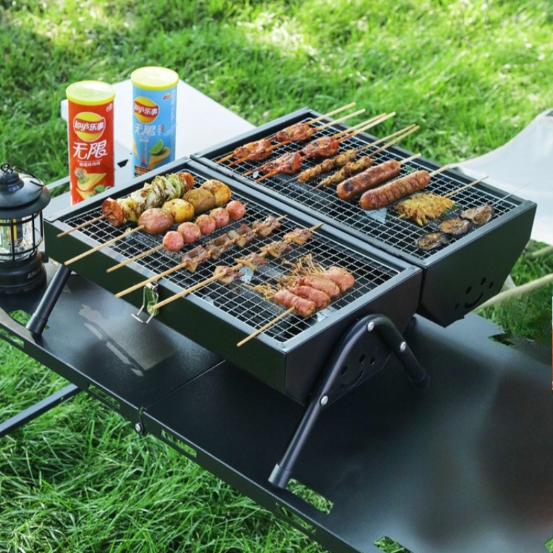 Camping Double Cooking Stove - 炭素鋼バーベキューグリルポータブル両面ピクニック家庭用耐久性のある炭ストーブ屋外調理キャンプ用品