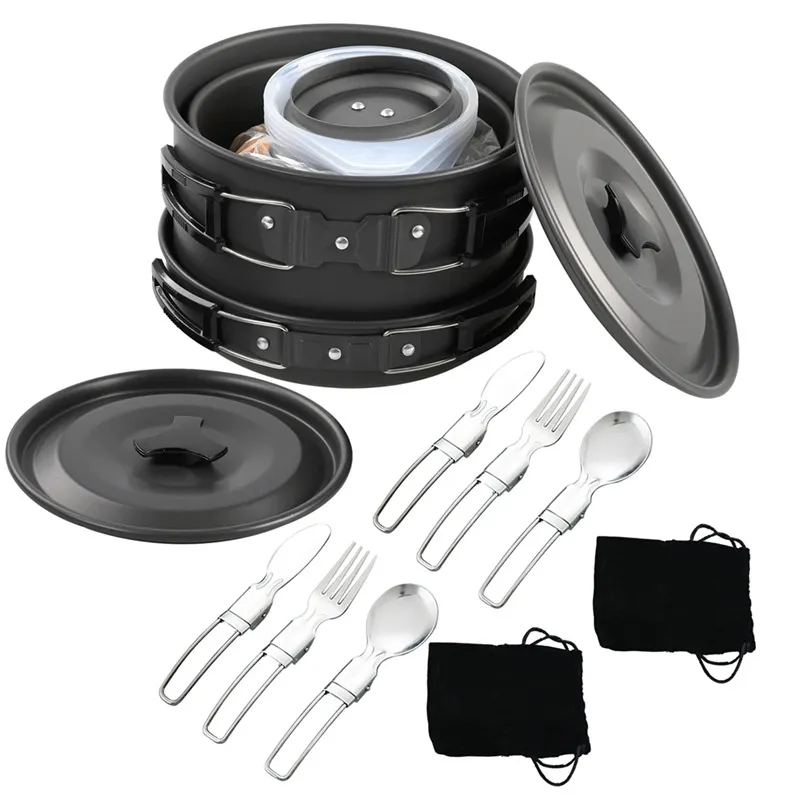 Camping Cooking Set For 4 - ポータブルキャンプ調理器具セット ネスティングデザイン アウトドアクッキングポット 4～5人用 キャンプ食器キット