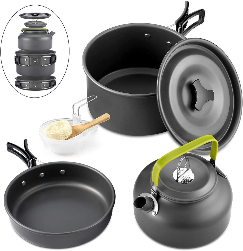 Camping Cooking Set 2 Person - アウトドアキャンプ調理器具セットアルミノンスティックポットポータブルアウトドア食器調理器具調理鍋ボウルハイキングバーベキューピクニック