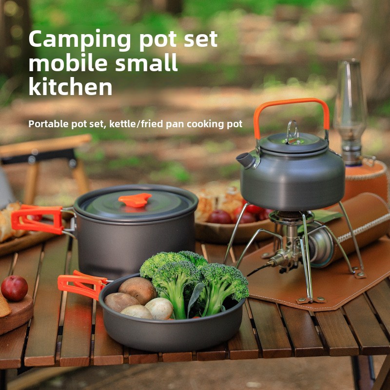Camping Cooking Set 2 Person - アウトドアキャンプ調理器具セット 2～3人用 ポータブルノンスティック鍋 ティーポット食器付き ピクニックキャンプ調理セット