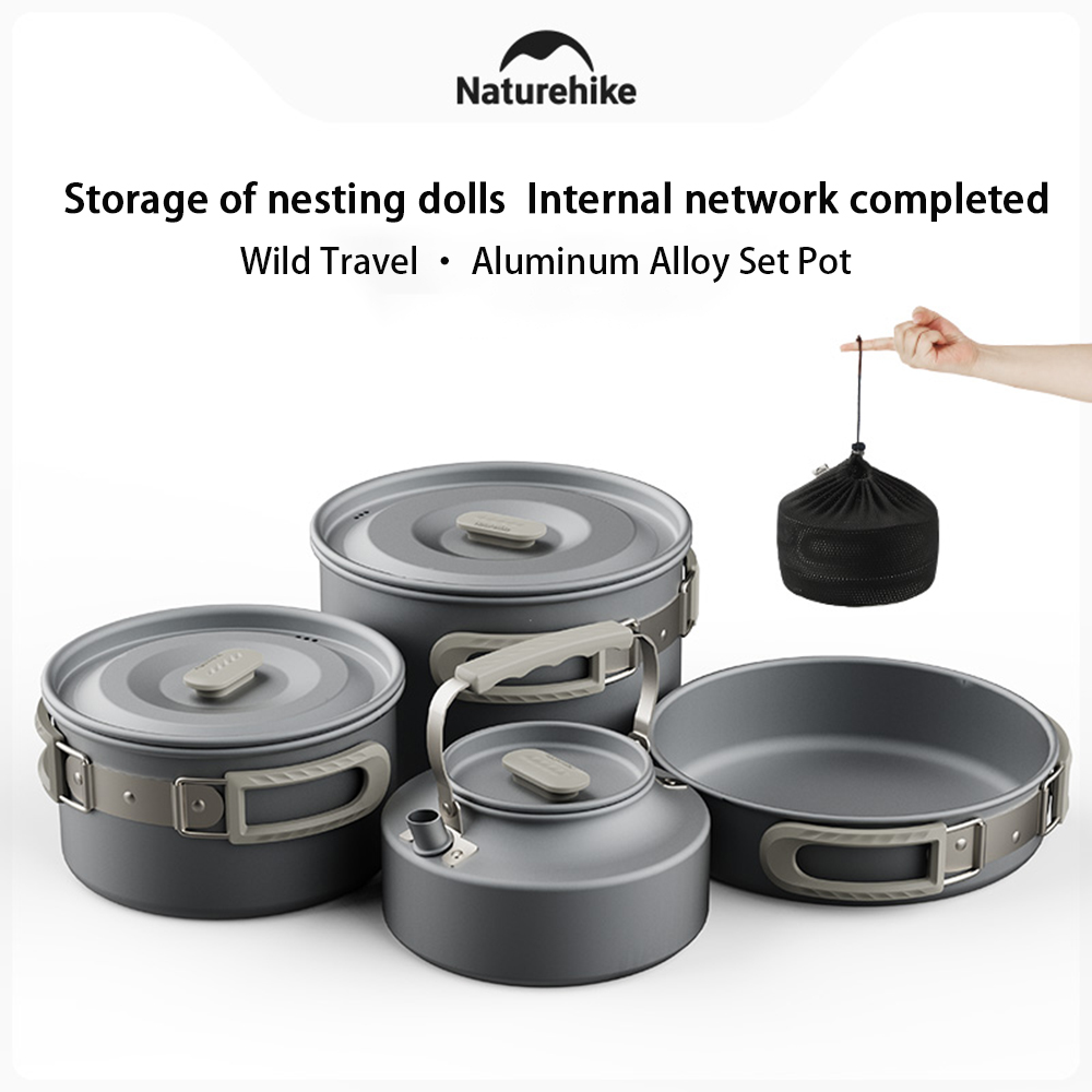 Camping Cooking Lightweight - Naturehike アウトドアポットセット、キャンプ調理器具、ポータブルステンレス鋼フライパンハンギングポット、ハイキングピクニック食器