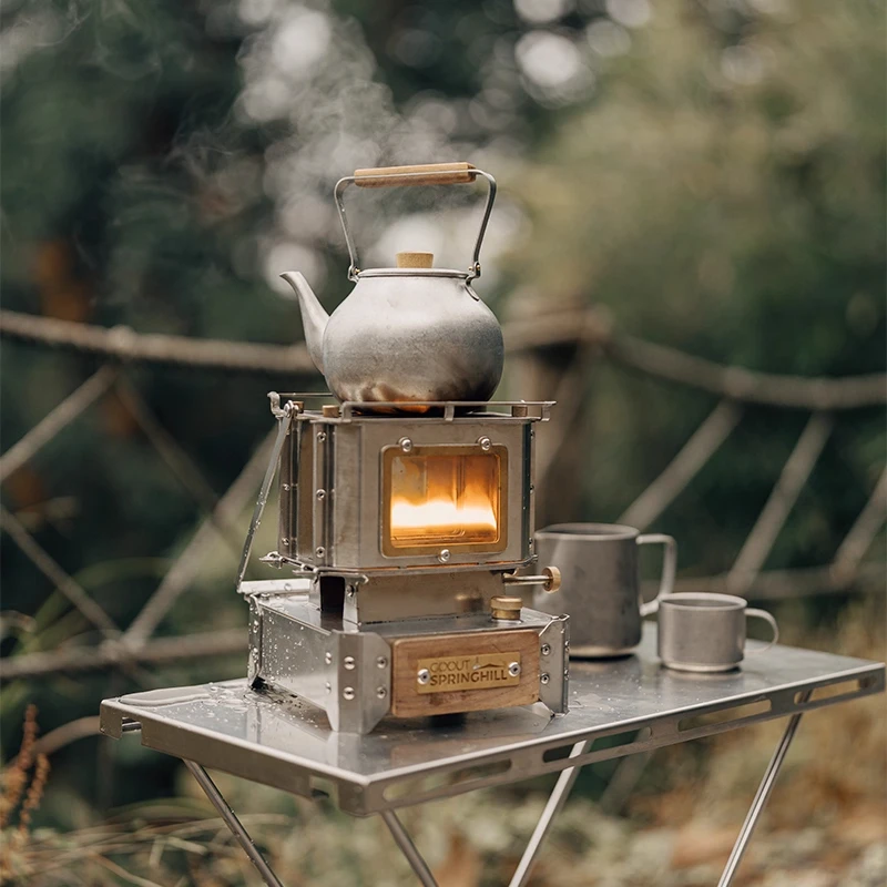 Camping Double Cooking Stove - ヴィンテージスタイルのキャンプストーブ、二重芯のポータブルヒーター、観察窓付き、キャンプでの調理やお茶作りに