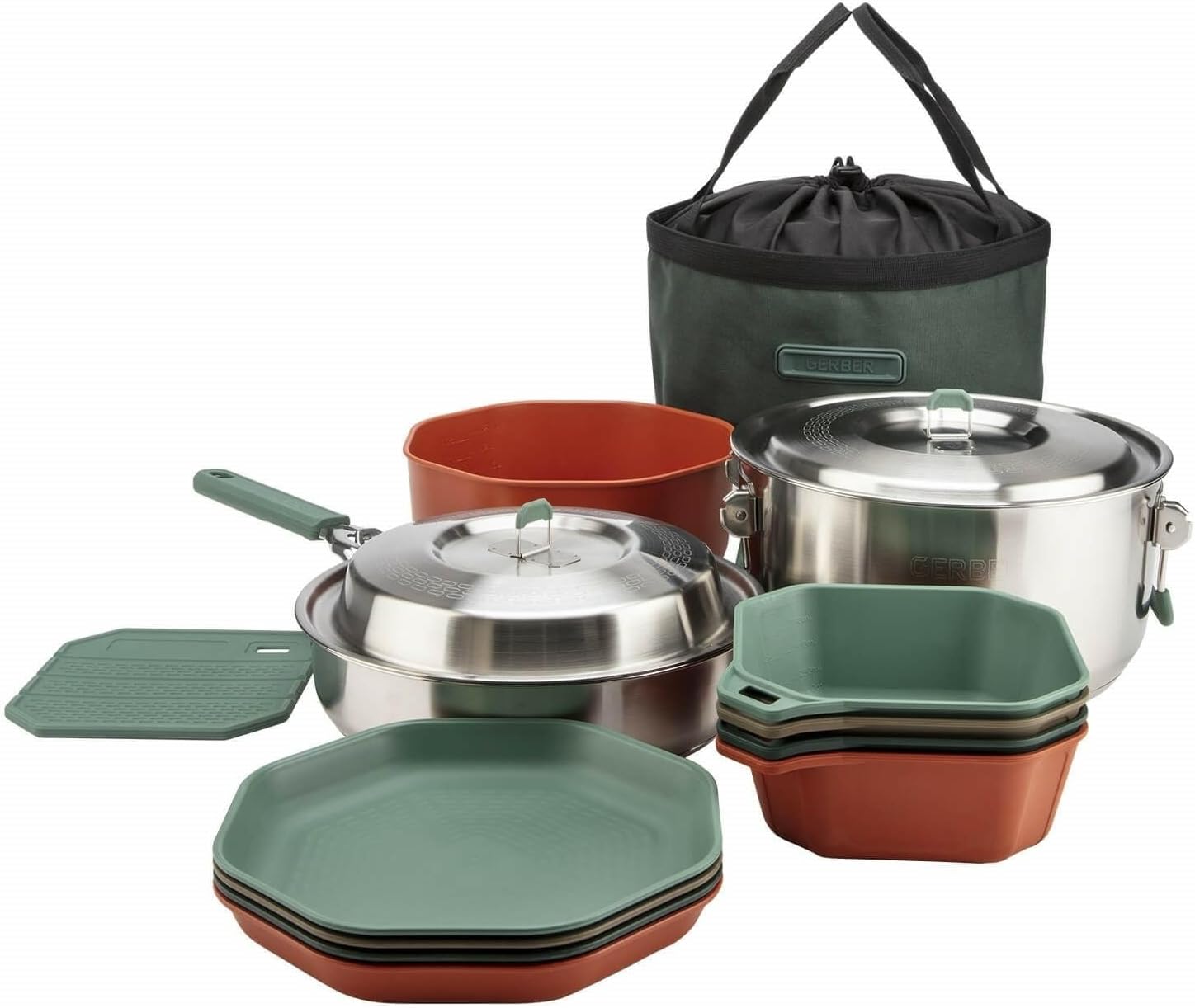 Camping Cooking Set For 4 - アウトドアクッキングキャンプ用調理器具セット、食器洗い機対応、ソテーパン、ストックポット、プレート4枚、ボウル4個、ミキシングボウルなど付き