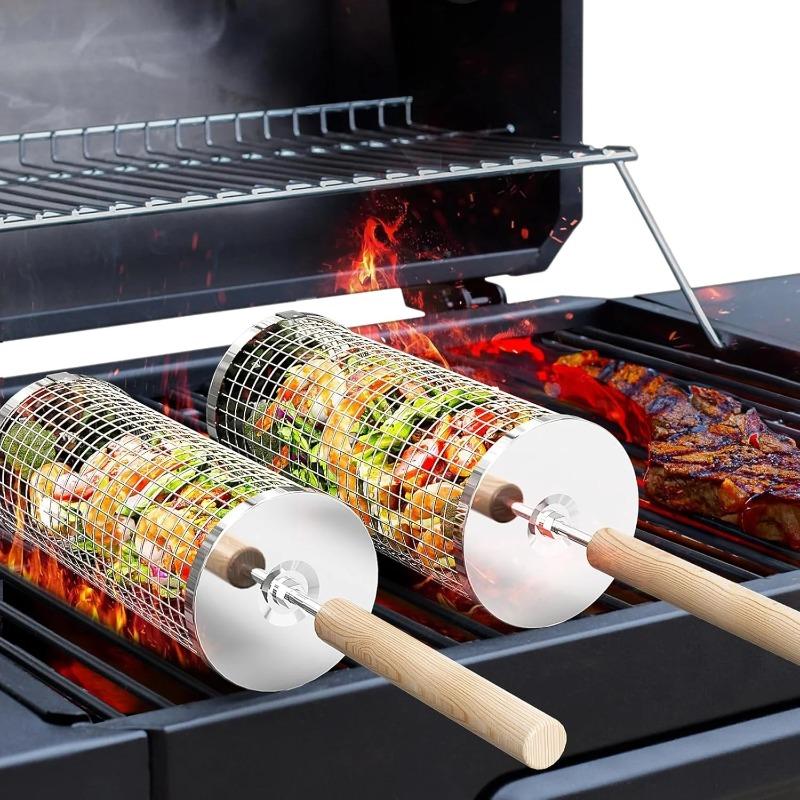 食品グレードのステンレス製丸型回転BBQグリルバスケットセッ - Camping Cooking Food のレビューと価格