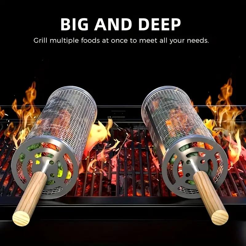 食品グレードのステンレス製丸型回転BBQグリルバスケットセッ - Camping Cooking Food のレビューと価格
