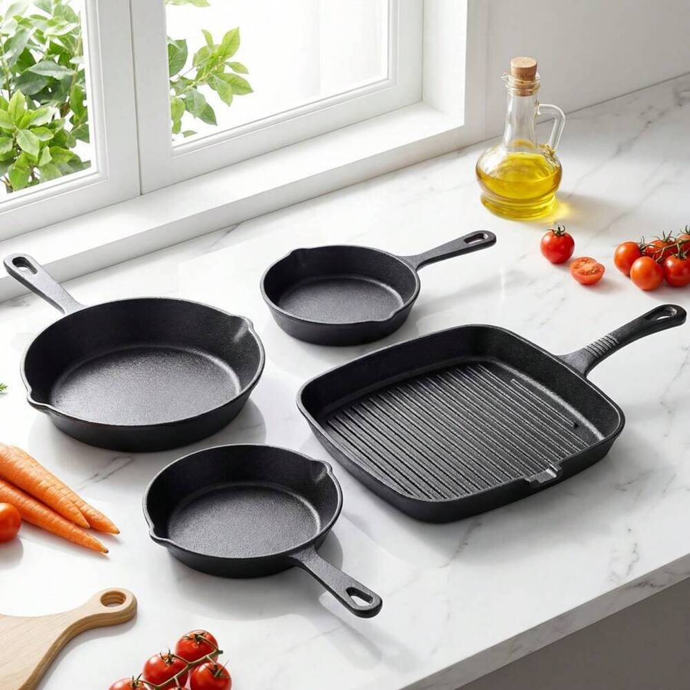 4点セット鋳鉄製調理器具セット、丸型フライパンと角型グリルパ - Camping Cooking Set For 4 のレビューと価格