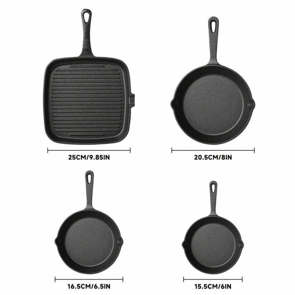 4点セット鋳鉄製調理器具セット、丸型フライパンと角型グリルパ - Camping Cooking Set For 4 のレビューと価格