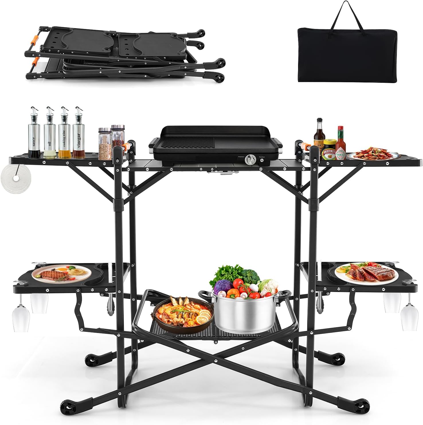 耐熱トップ、4つのサイドテーブル、収納ラック付きのポータブル - Camping Cooking Top のレビューと価格