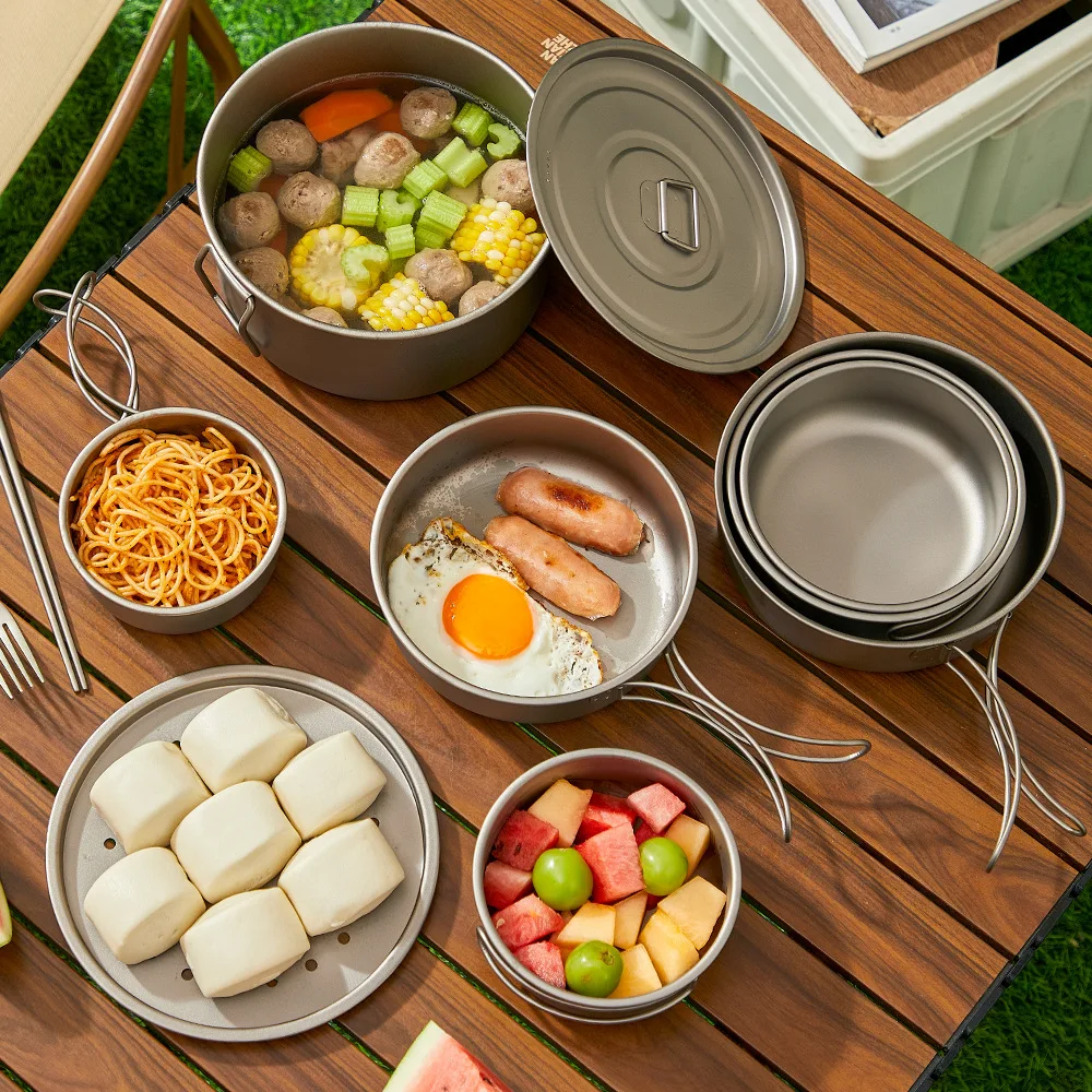 チタンアウトドアポットセットピクニックキャンプセット食器折り - Camping Cooking Lightweight のレビューと価格