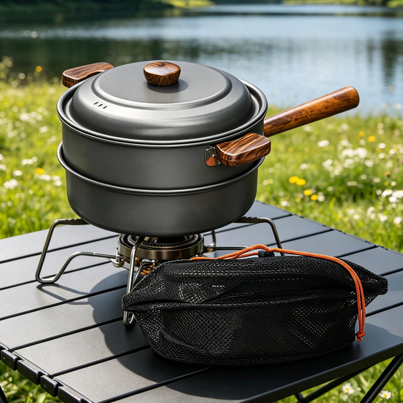 バックパッキングポット 二層構造 木製ハンドル付き ポータブ - Camping Double Cooking Stove のレビューと価格